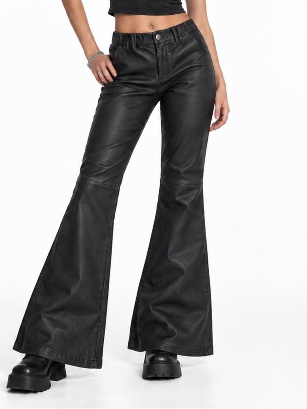 ARMA Black Leather Flare Pants US 6–8 Y2K Moto Rocker Bell Bottom